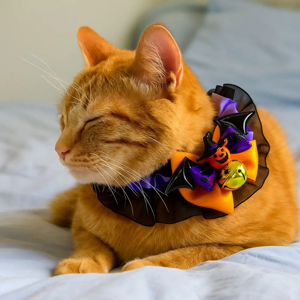 

Cute Adjustable Halloween Cat Collar Soft with Bell Dog Pumpkin Bow Collar Lace Cat Cosplay Bow Tie Festive