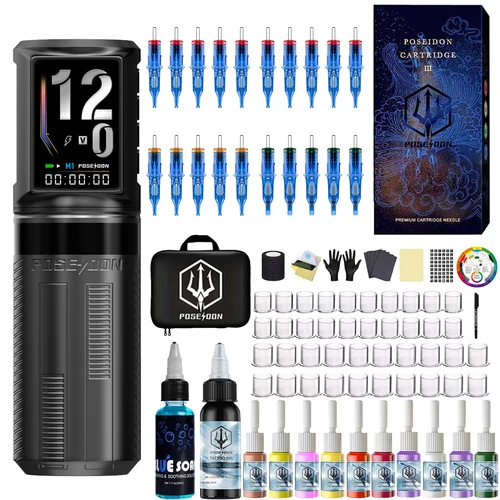 Kit de tatuaje POSEIDON, Kit de pluma de tatuaje inalámbrico para maquillaje permanente, Kit de máquina de tatuaje, nuevo Kit de pistola de tatuaje profesional HM163