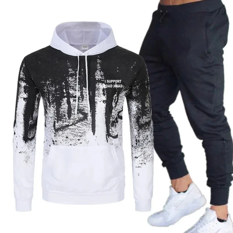 

Men's Hoodie White Black Printed Forest Pattern Casual Sportswear for Outdoor Activities and Daily Wear