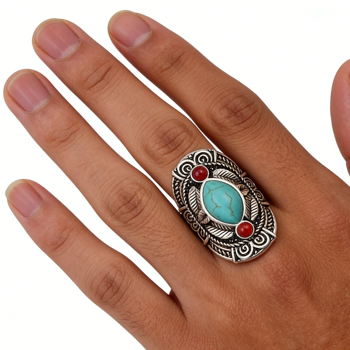Bohemian Style Tibet Silver Design Red Turquoise Gem Stone Big Beachy Boho Joint Rings for Women