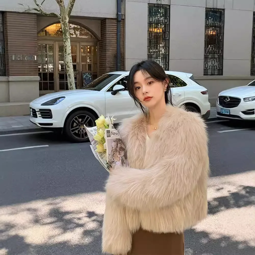 Women Faux Fox Fur Coats Solid Fur Jackets Short Cotton Linen V Neck Long Sleeve Open Stitch Loose Fit Casual 2026 Autumn Winter