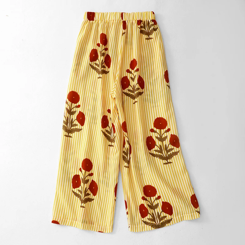 Printed Striped High Waist Wide Leg Pants Women's Summer New Korean Style Fashion Artistic Chic Elegant Cotton Casual Pants