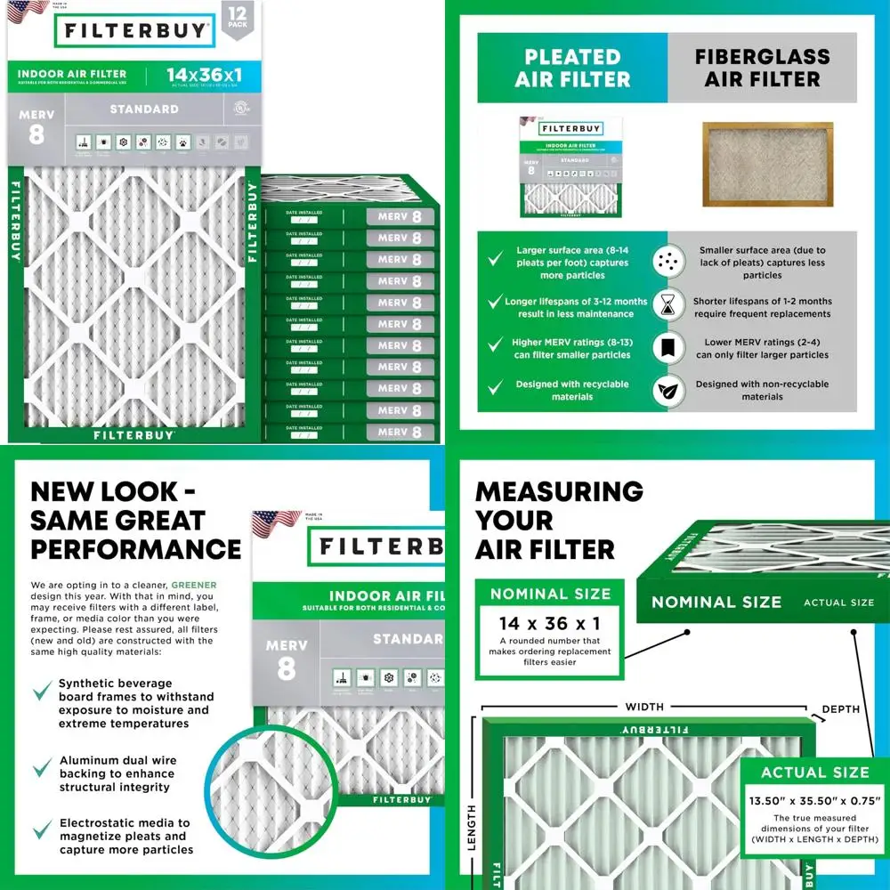 12 عبوة من فلاتر الهواء المطوية MERV 8، 14 × 36 × 1، بديلة للدفاع عن الغبار لأنظمة فرن التيار المتردد HVAC