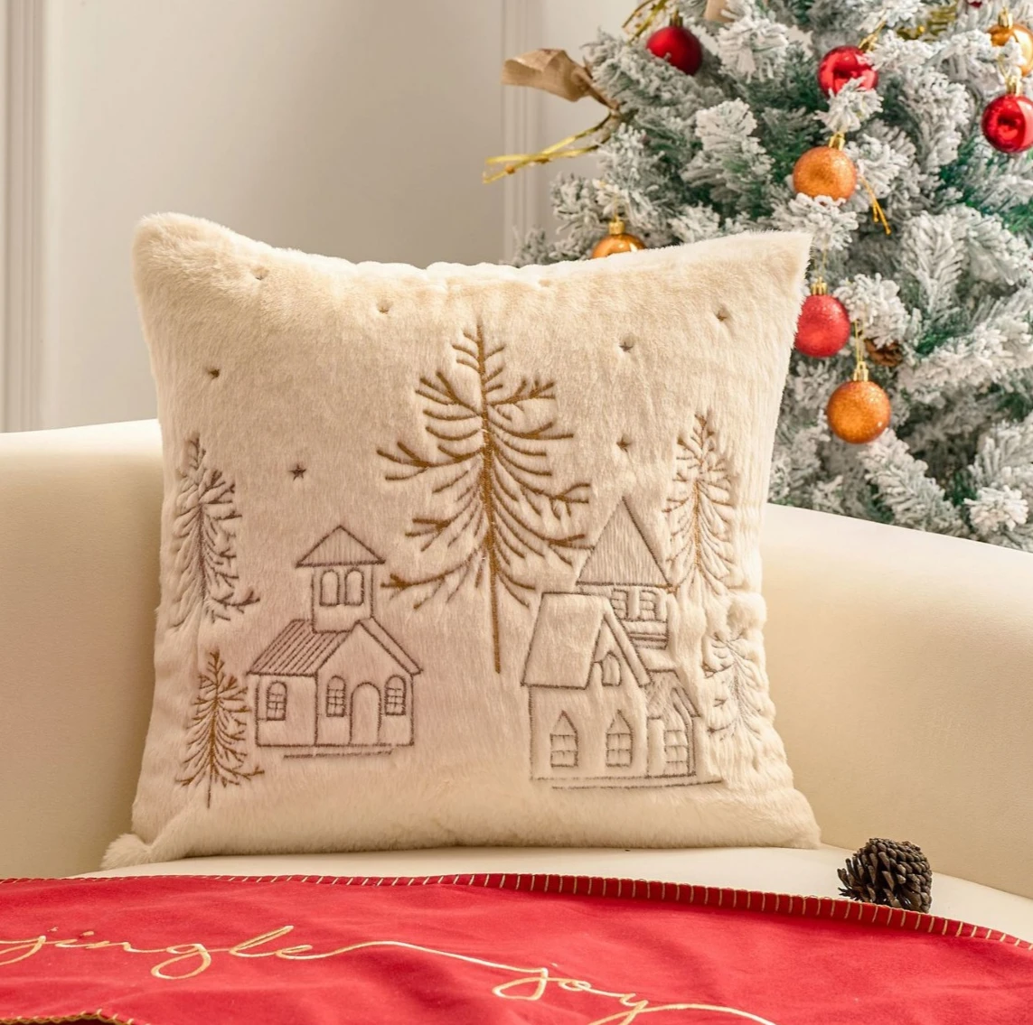Kerst kussensloop 45x45cm, wit namaak konijnenbont, gouden borduurwerk sneeuwpop sneeuwvlokken, winter decor, gezellige vakantie huisaccen