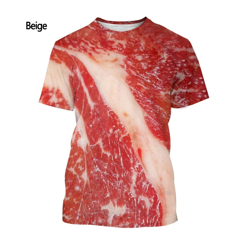 Fashion Funny Fresh Meat Beef 3D Print T-shirt Men's Women's Casual Short-Sleeved round Neck Top