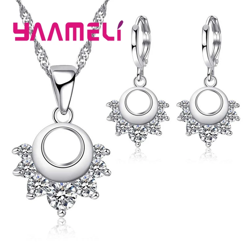 

Модные круглые прозрачные CZ кристаллы из стерлингового серебра 925 пробы с полым цветочным дизайном, комплекты ювелирных изделий для женщин, ожерелье, кулон, серьги-кольца