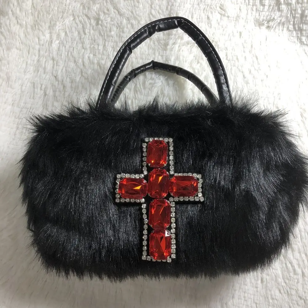 

Y2K Fuzzy Cross Bag, Faux Fur Shoulder Purse, Punk Style Handbag for Girls クロエトートバッグ