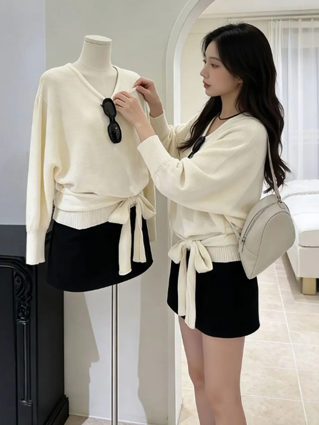 

Faionable V-ne Knitwear Waist-cinching Belt Detail Spring 2026 Women's Regular Fit Long Sve Warm Soft Sle Top