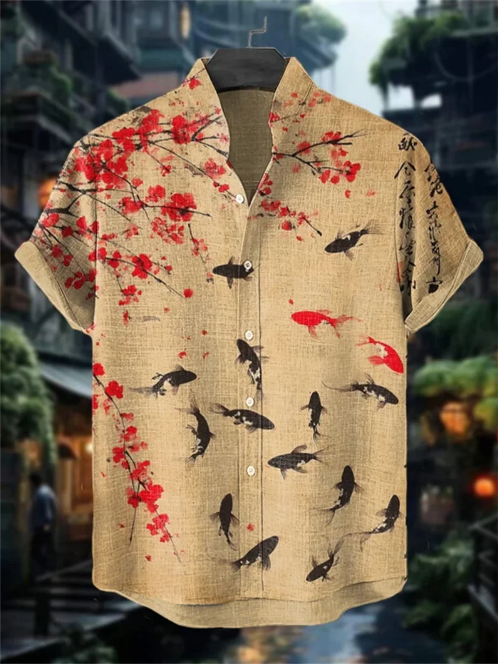 

Men's Japanese Kimono Cat Printed Linen Shirt Summer Fashion Stand-up Collar Short-Sleeved Casual Wear