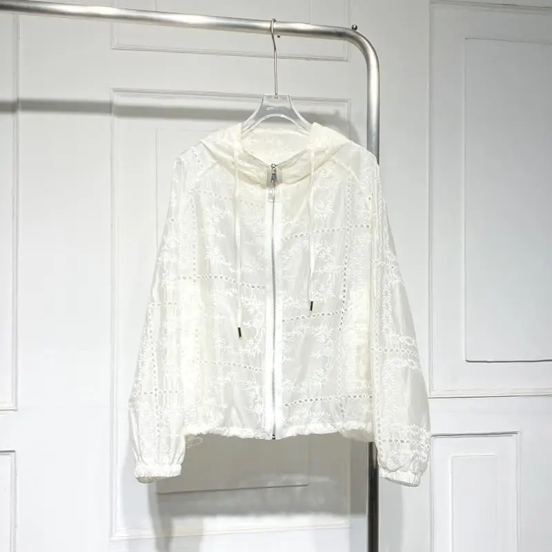 

Women's Embroidered Hollow Thin ort Jaet Hooded Commute Sle Long Sve Mid-Length Zipper Pure Color Spring Summer