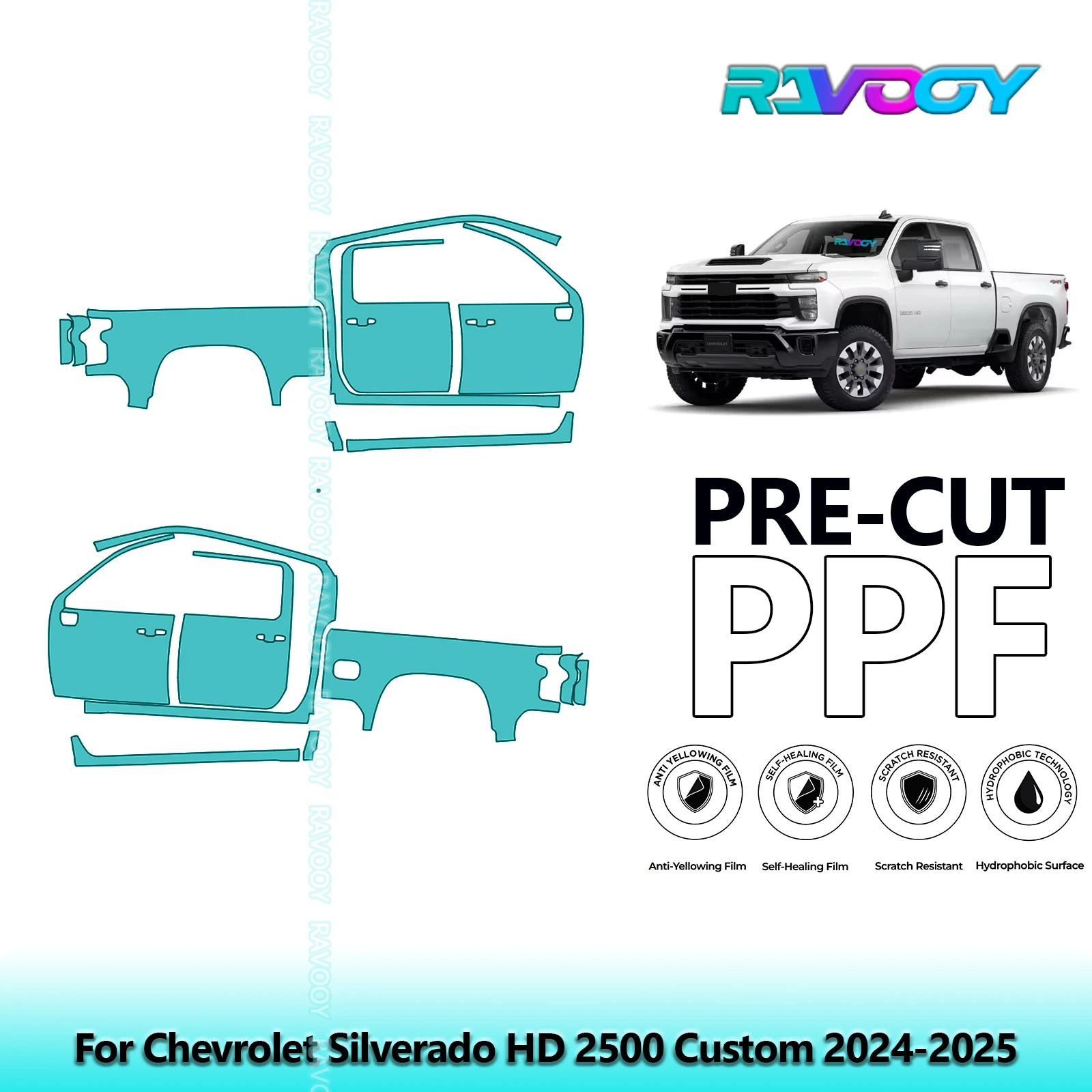 

For Chevrolet Silverado HD 2500 Custom 2024-2025 8.5mil Pre-Cut PPF Door & A/B Pillar Kit TPU Paint Protection Film Set