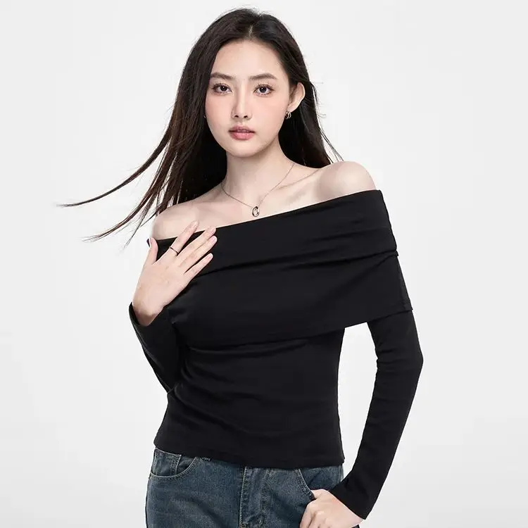 One- Shoulder Black Strapless Bottom Women Autumn Winter Long Sleeve Knitted Thread Slim Slimming Top Slim Soft