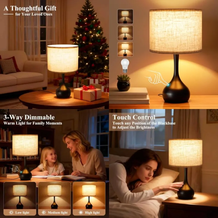 

Touch Bedside Lamp for Bedroom, 3-Way Dimmable Table Lamps for Nightstand with Cylindrical Shade, Desk Lamp for Living Room, En