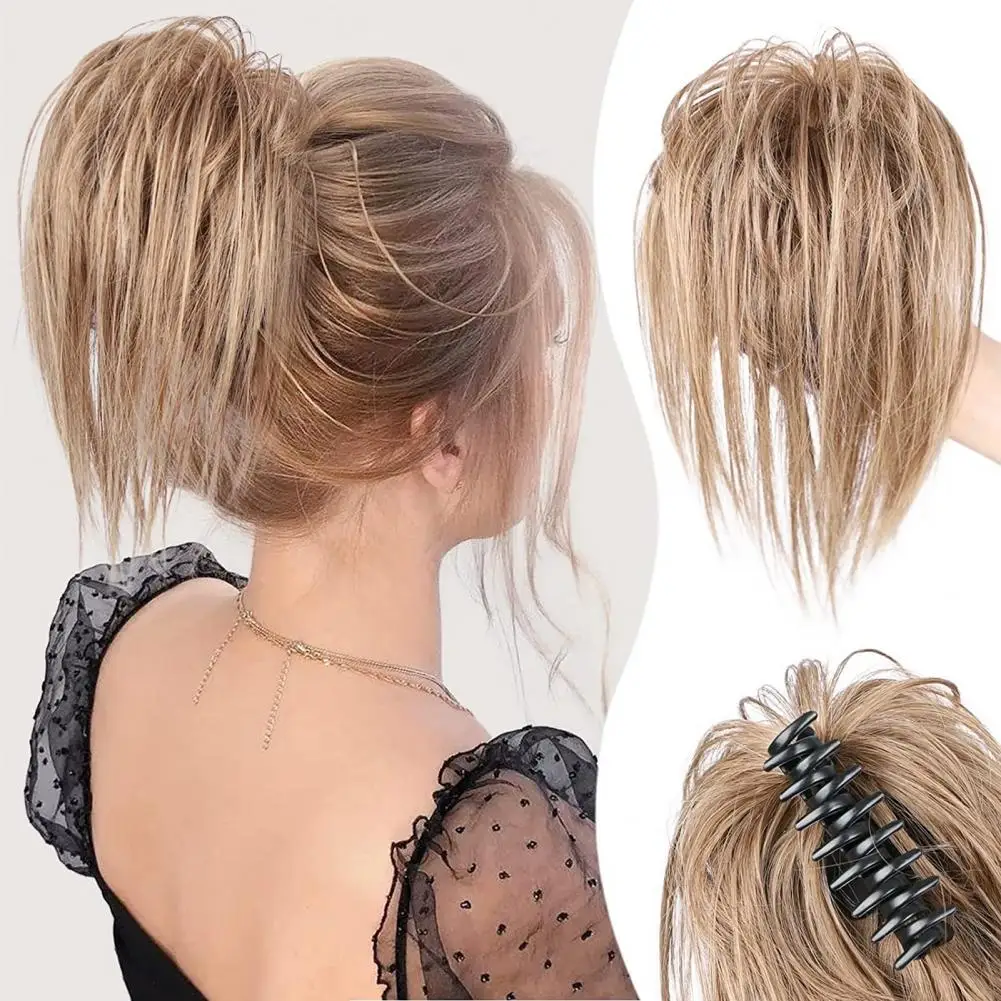 Peluca de moño desordenado, Clip de garra, Tousled recto Updo, postizo de cola de caballo, extensiones de cabello sintético para mujer