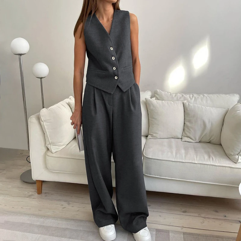 2-piece Set New in Fashion Solid Color V-neck Button Sleeveless Vest Tops Commuting Wide Leg Pants Women Two-piece Set 2024