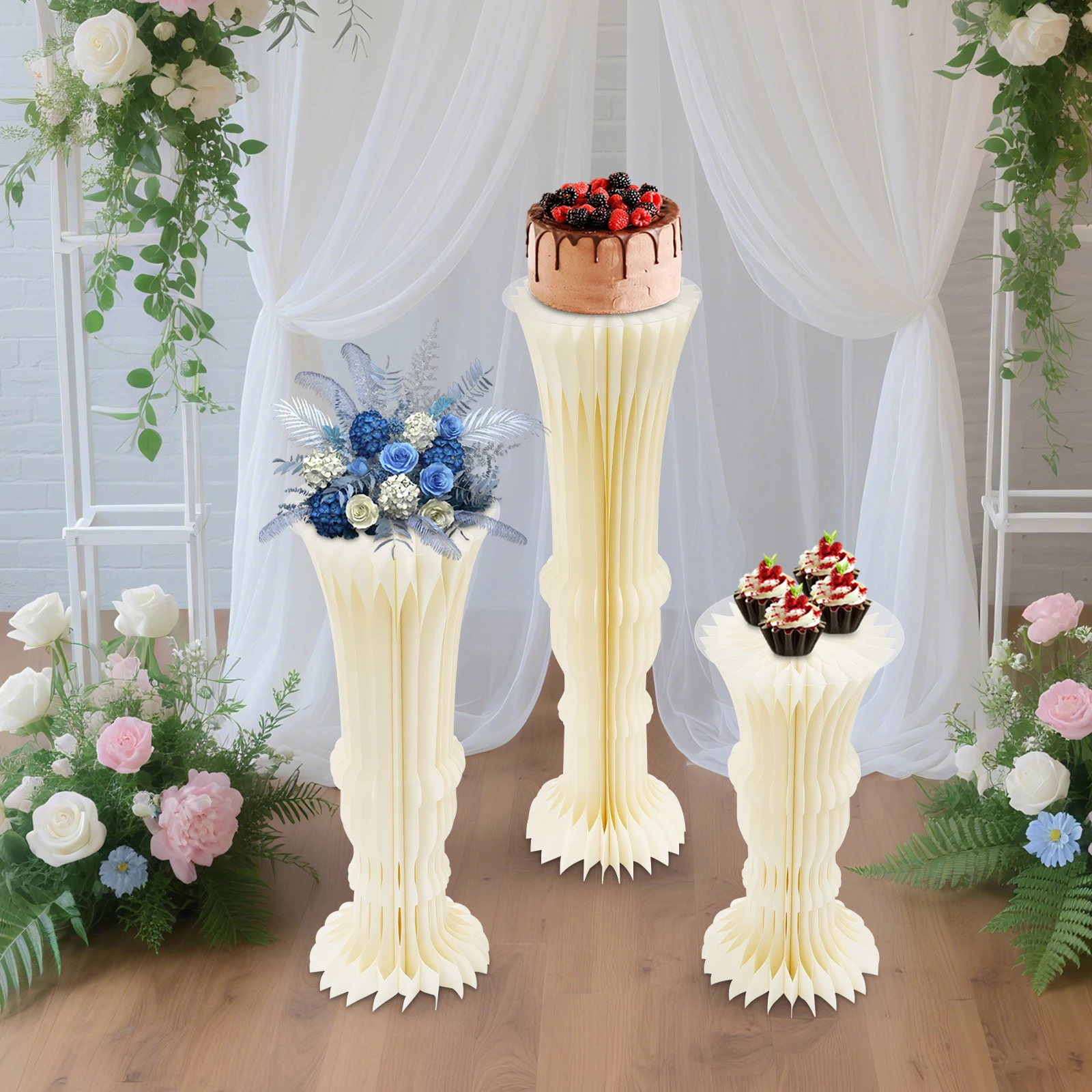

3 PCS Milky White Freestanding Foldable Cardboard Centerpiece Display Vase-shape Display Flowers Stand with Clear PVC Plates