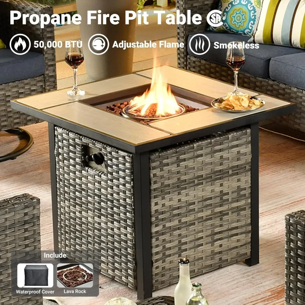 6 ชิ้นชุดเฟอร์นิเจอร์ Patio Square Fire PIT ตาราง,เก้าอี้โยกหมุน, กลางแจ้งหวายหวายชุดสนทนา