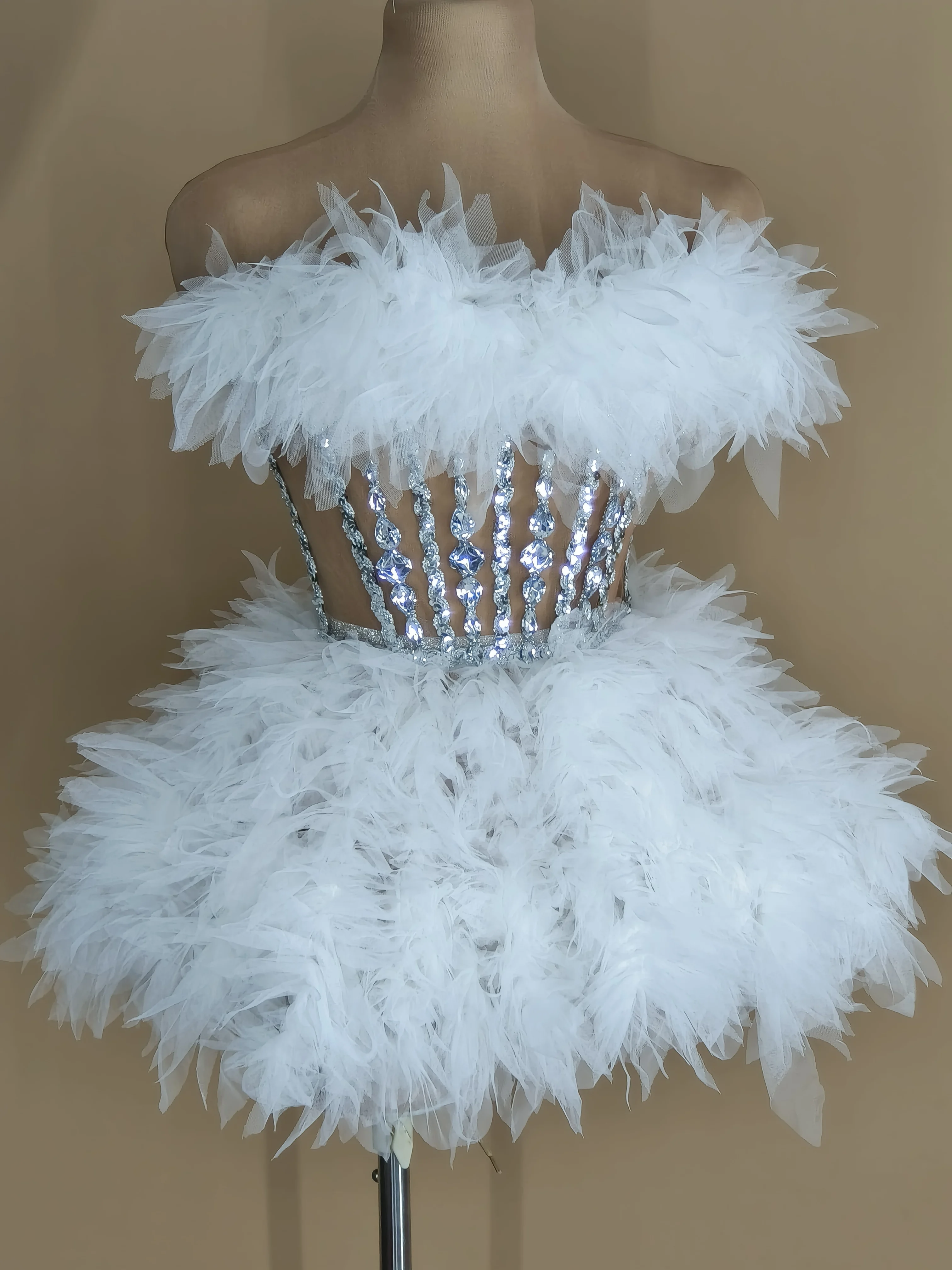 Costume Valentine Day Powder Puff Gauze Skirt Diamond Dress Female Singer And Dance Team