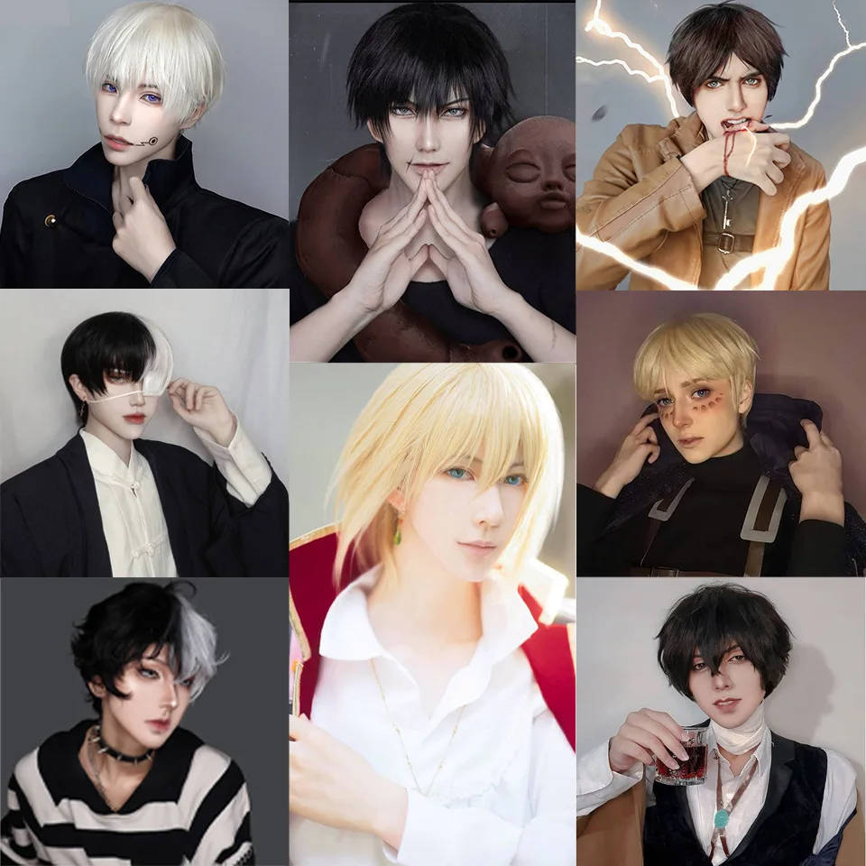 Short hair synthetic men's role-playing wig heat-resistant fireworks perm short curly hair natural black daily wig
