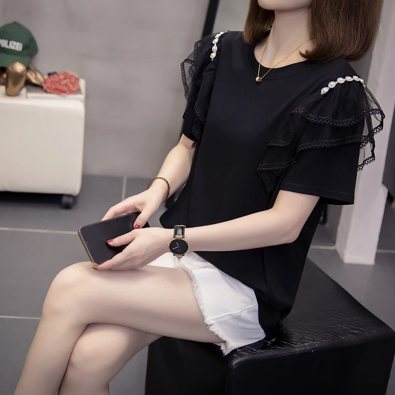 Tee T Shirt Women Summer Top Lace Sleeve Cotton Blusa Beading Korean Style Tshirt Short Sleeve Casual White Clothes Y2K