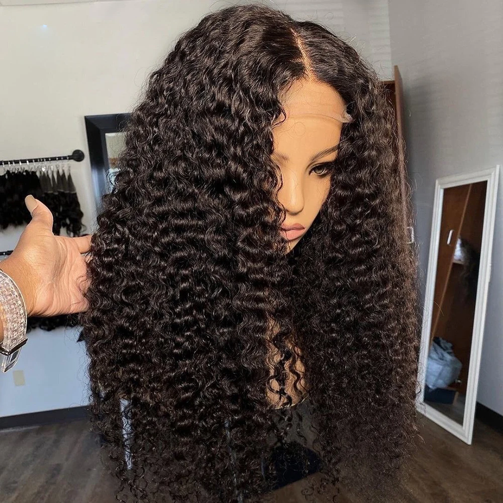 Soft Deep Glueless 180 Density PrePlucked Long Black 26 inch Kinky Curly Lace Front Wigs For African Women Babyhair Daily