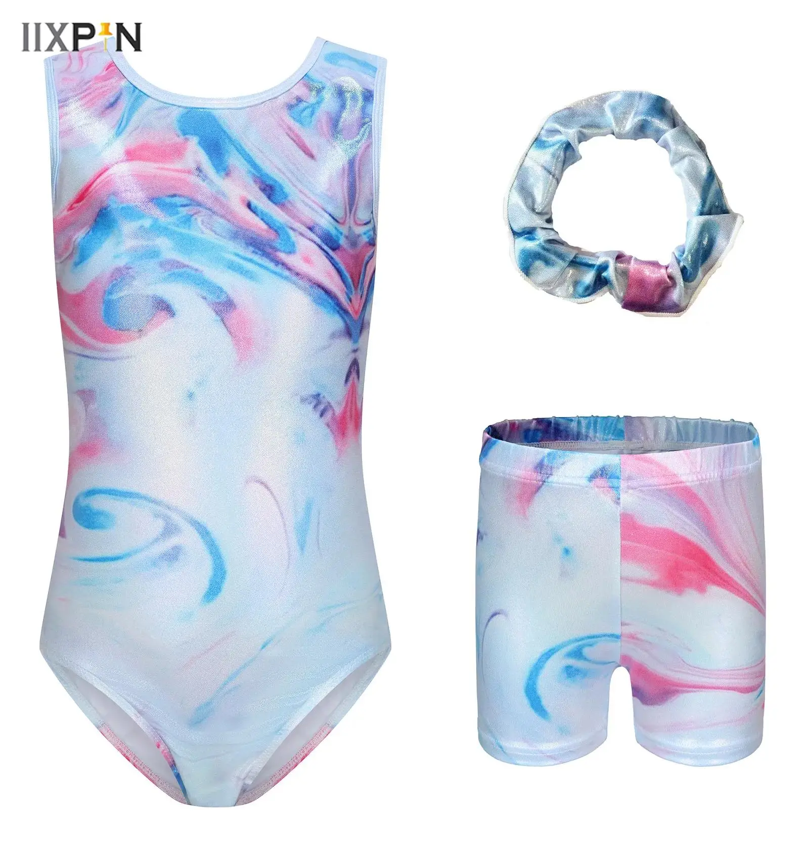 

3Pcs Kids Girl Acrobatics Gymnastics Outfits Sleeveless Printed Metallic Leotard with Shorts and Hair Band Sets Ballet Dancewear