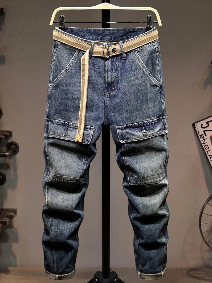 

Men's Loose Straight Leg Thiened Workwear Jeans Trendy Multi-ket Wide Leg Straight Cut Retro Large Size Heavy Wa Long ...