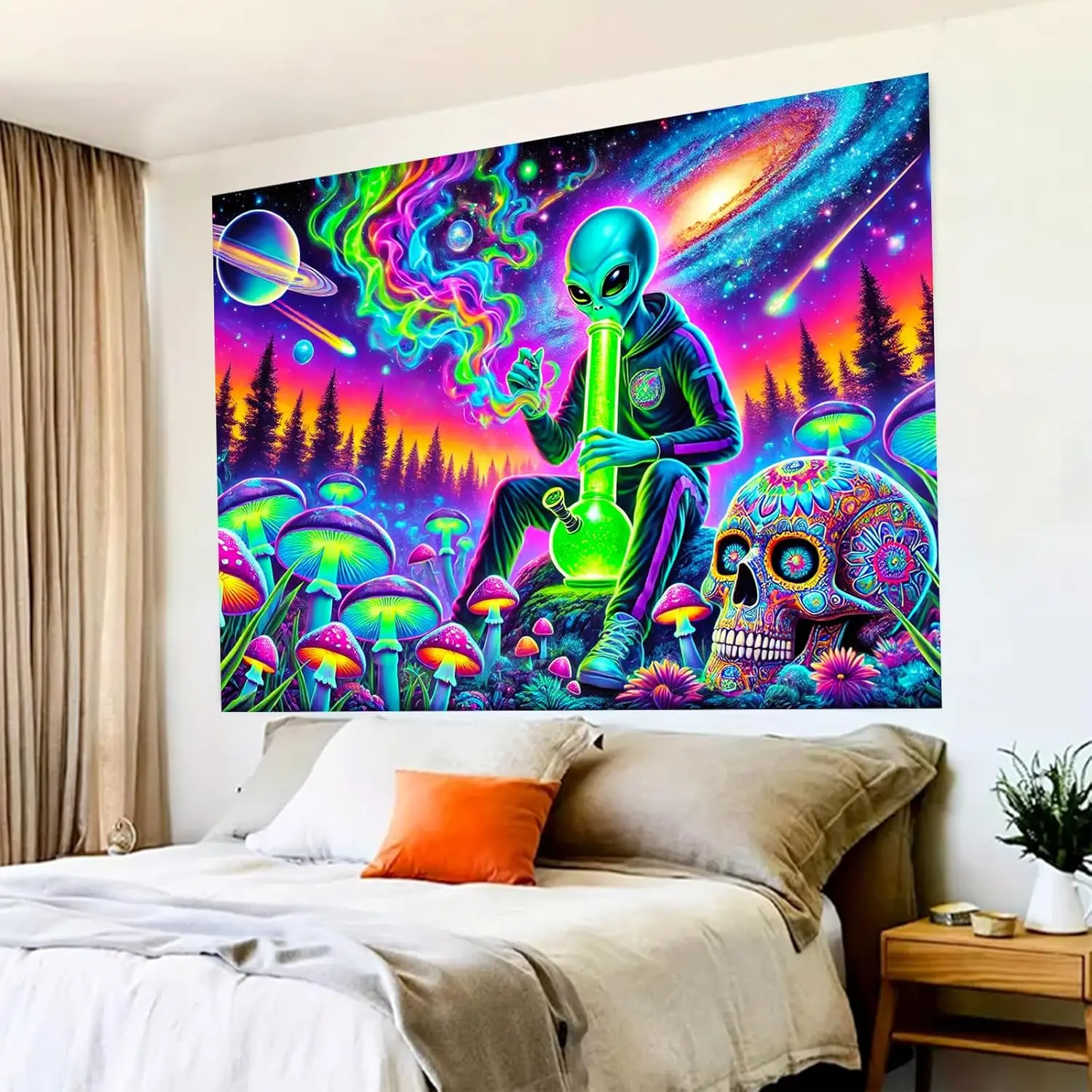 Alien Mushroom Tapestry - Trippy Psychedelic Art, Colorful Skull & Space Scene,  Polyester, Multiple Sizes