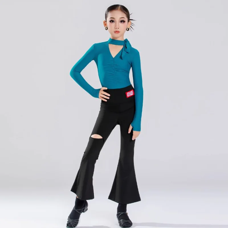 Dames Kinderen Meisjes Latin Danskostuums Lange mouw V-hals Vouwbodysuit en oefenbroek Past Ballroom Rumba Danskleding
