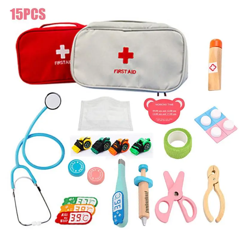 15PCS Kids Doctor Kit Pretend Play Doctor Set Wooden First Aid Kit Equipment For Children's Gift