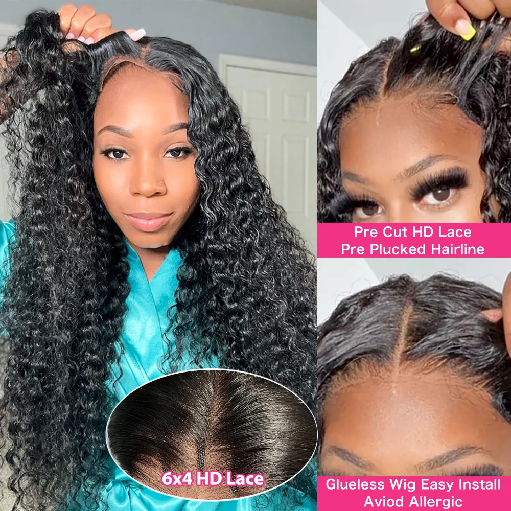 HD Glueless Lace Frontal Wig, Onda Profunda, Perucas de Cabelo Humano Encaracolado, Lace Frontal Wig, Lace Front Wear, na Venda, 13x6, 6x4