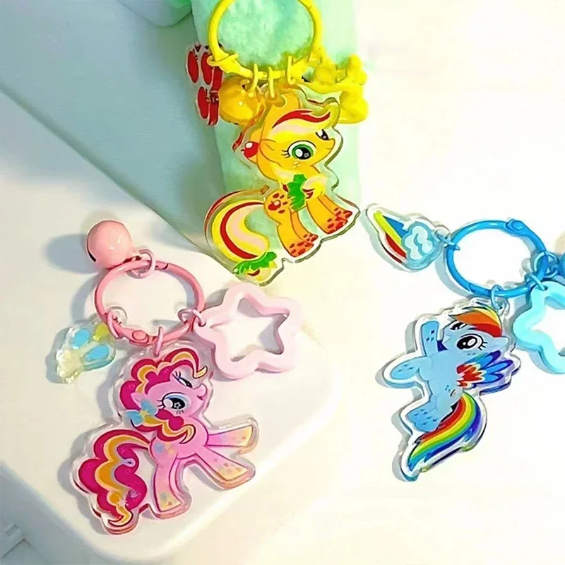 Cartoon My Little Pony Keychain Kawaii Acrylic Fluttershy Twilight Sparkle Rainbow Dash Pendant with Bell Anime Backpack Pendant