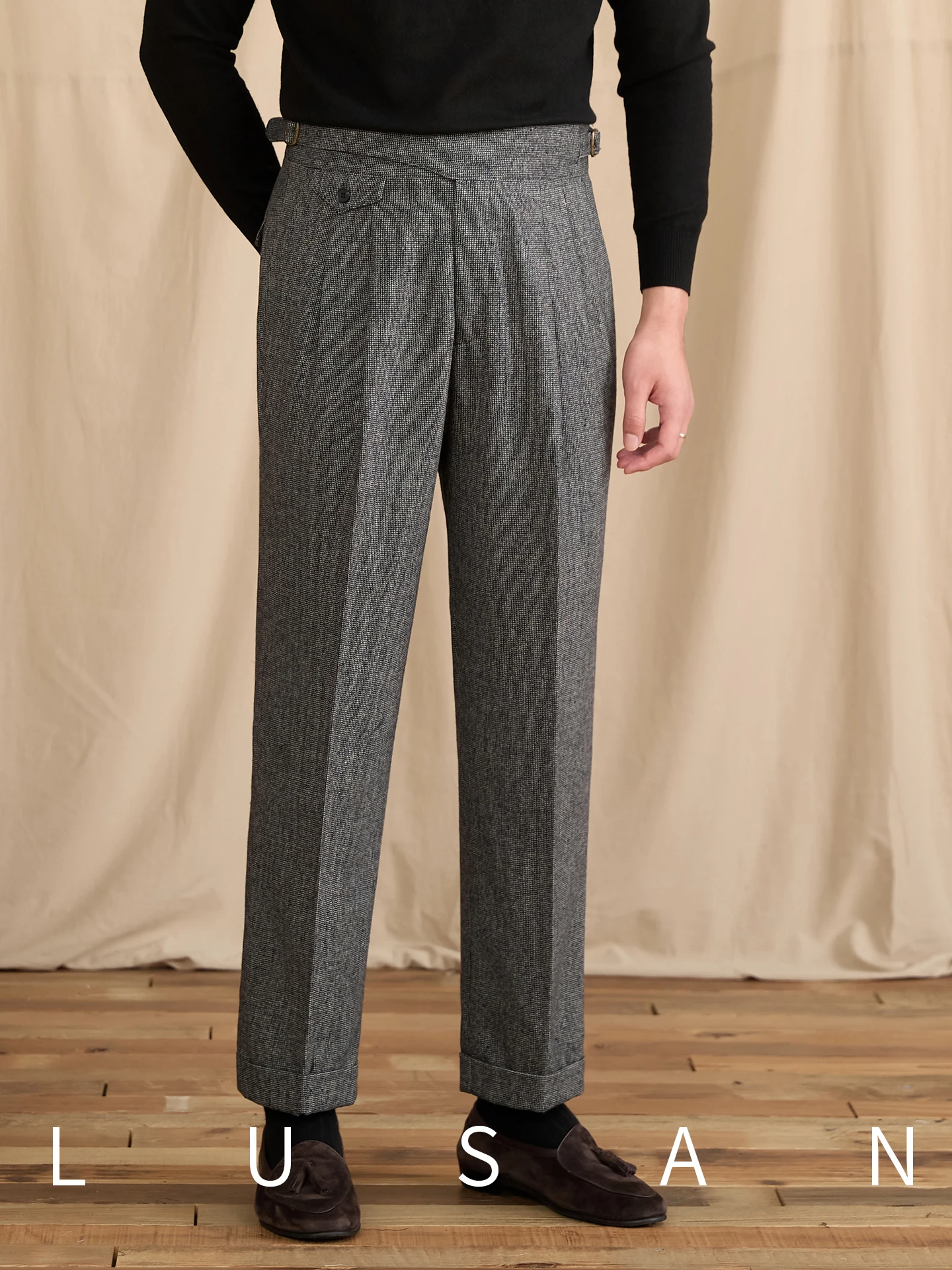 

Men's Autumn Winter Thick Woolen High-Waisted Gurkha Trousers Herd Pattern Casual Straight Leg Pants