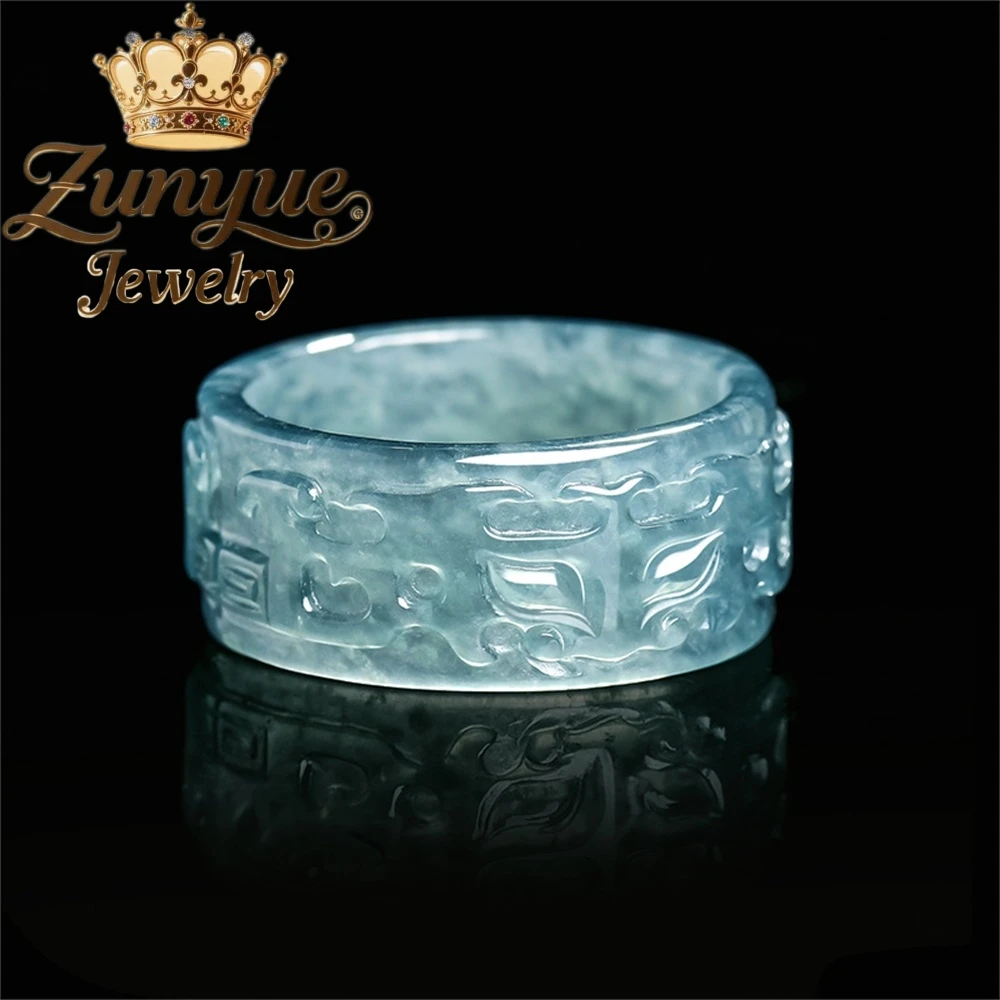 Exquisite Natural Jadeite A-Grade Blue Water High-End Taotie Antique Finger Three-dimensional Carving Ring Ice-Type Jade Couple
