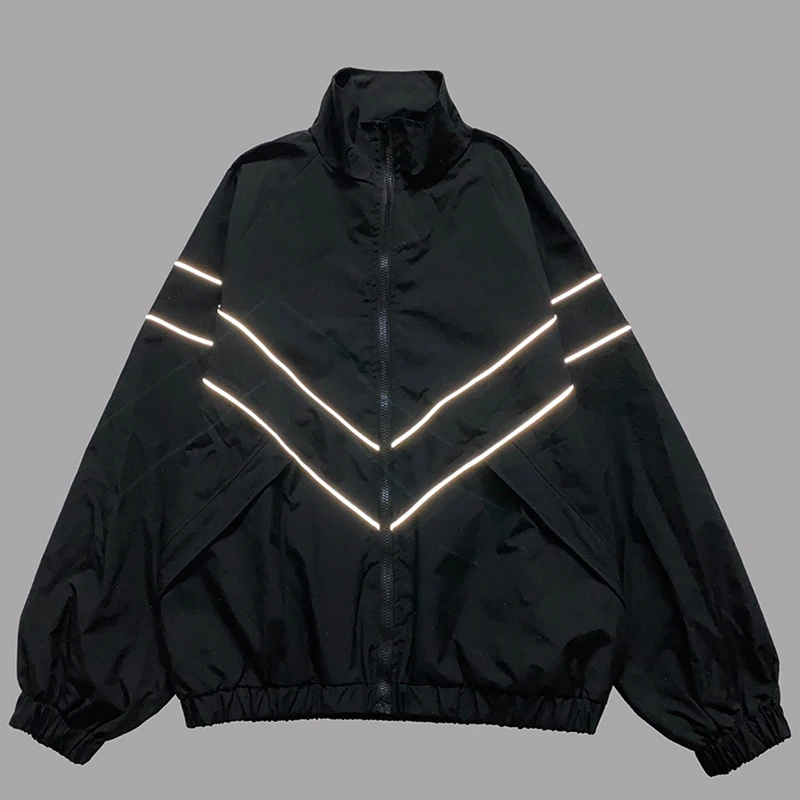 Men Hip Hop Streetwear Reflective Striped Jacket Coat Zipper Up Jacket Windbreaker Harajuku Thin Jacket Sports Black Blue