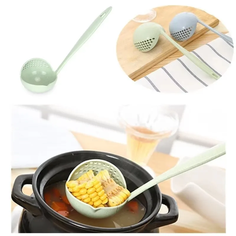 2 in 1 Creative Soup Spoon Long Handle Spoon Creative Spoon Strainer Spoon Cooking Tools Kitchen Wheat Straw Soup Spoon