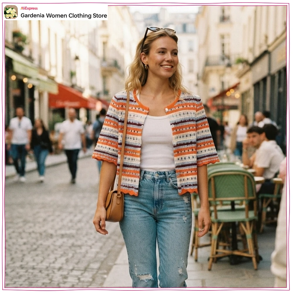 Elegant Fashion Striped Pointelle Cardigan for Women New in Summer Multicolored Round Neck Jackets with Sleeves Below The Elbow