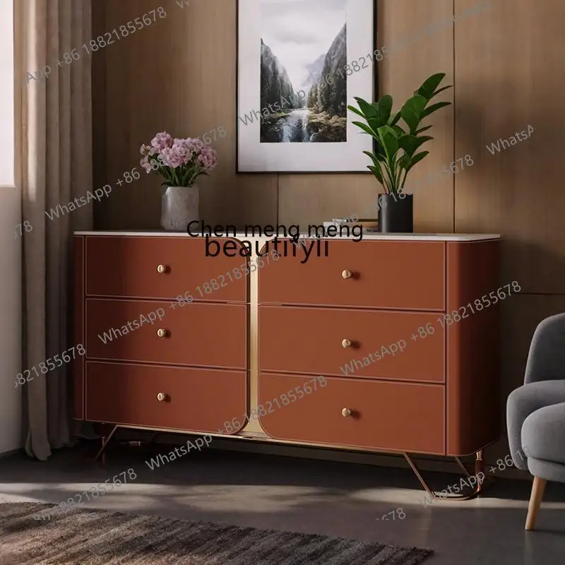 Saddle leatherdining side cabinet light luxury rock slab modern simple entrance high cabinet integrated against the wall storage