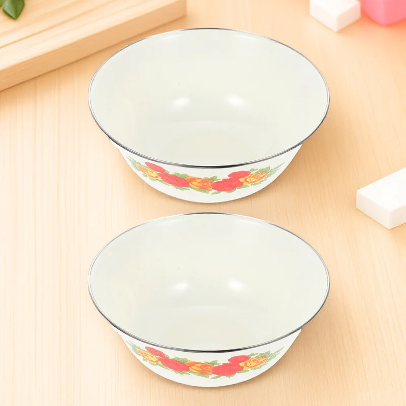 

2Pcs Enamel Bowls Heavy Duty Food Basins for Kneading Dough Vegetable Fruit Container Compact Space Saving Kitchen Supplies Set
