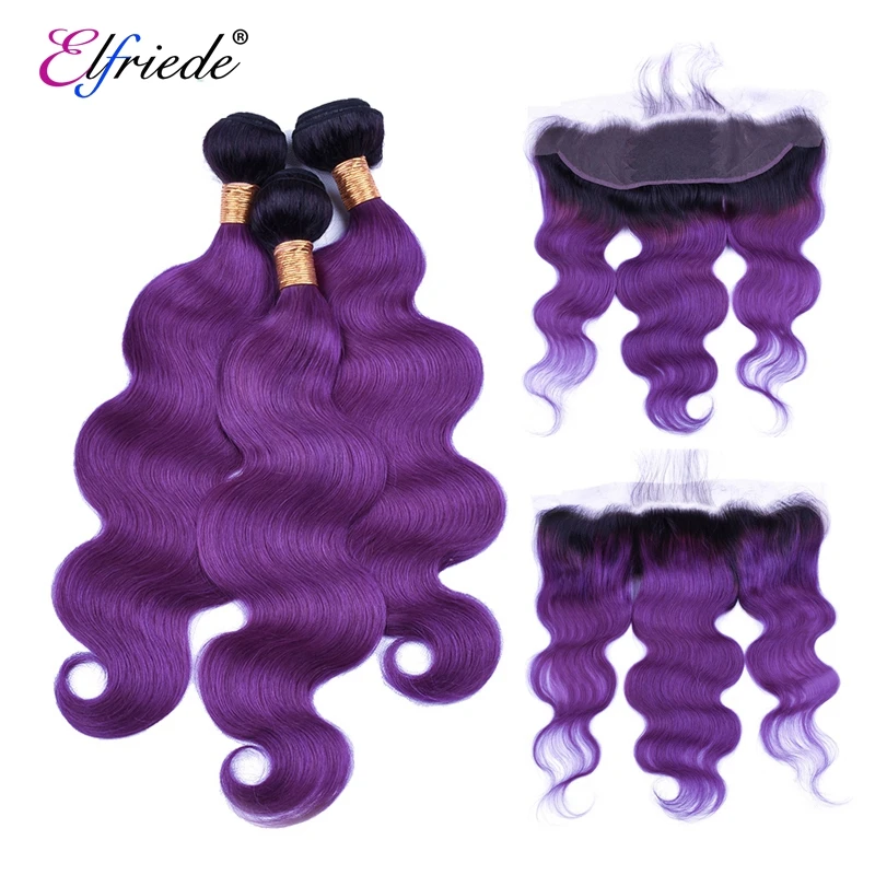 

Elfriede T1B/Purple Body Wave Ombre Colored Hair Bundles with Frontal Remy Human Hair Weaves 3 Bundles with Lace Frontal 13x4