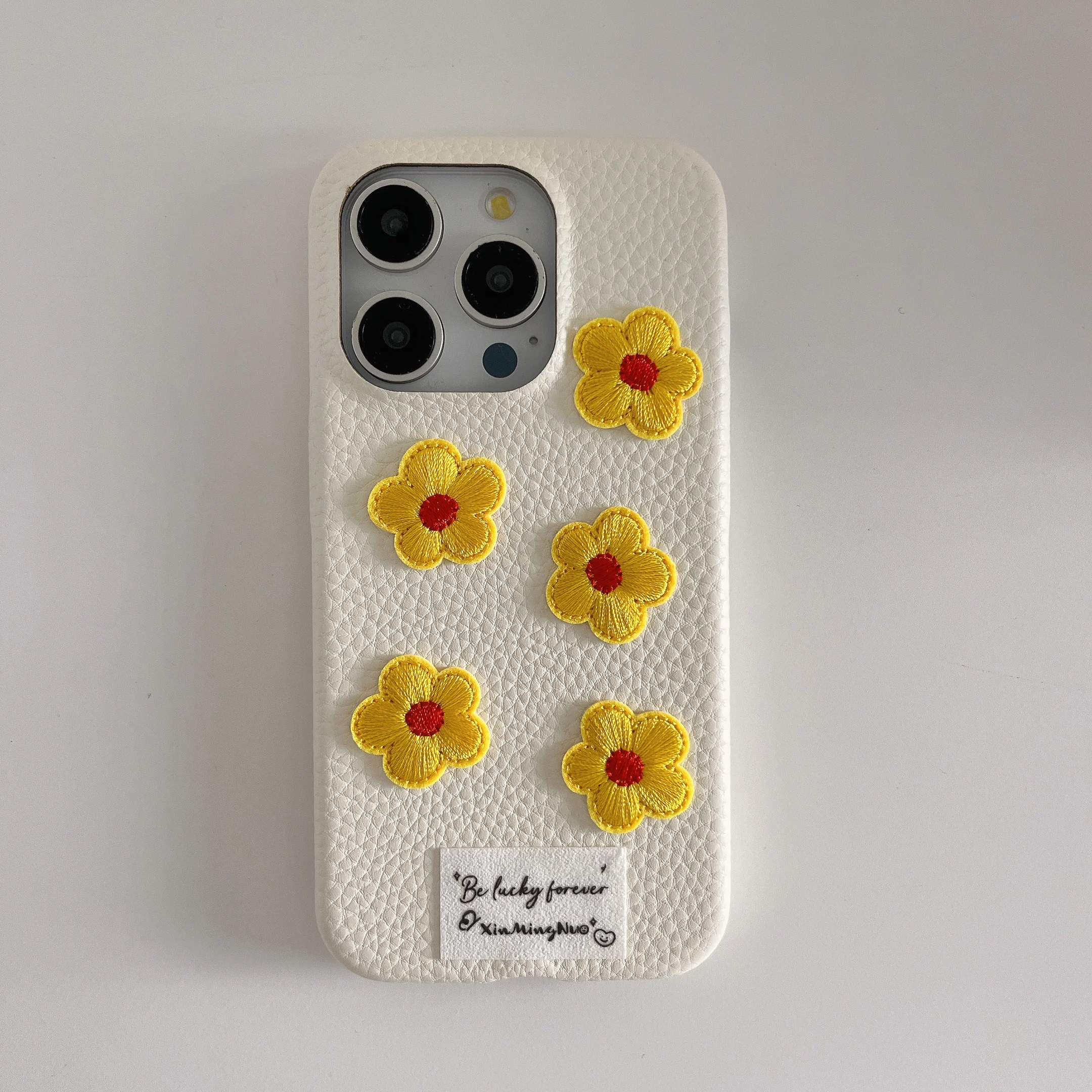 Korean INS White Leather Texture Blue & Yellow Flowers Cute Phone Case for iPhone 15 14 13 Pro Max Back Cover for 12 Pro Funda