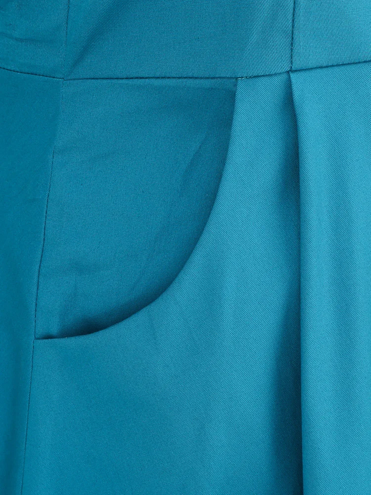 Tonval Peter Pan Collar Puff Sleeve Turquoise Cotton Dresses Women 2026 Elegant Plain Vintage Style Pockets Side Midi Dress