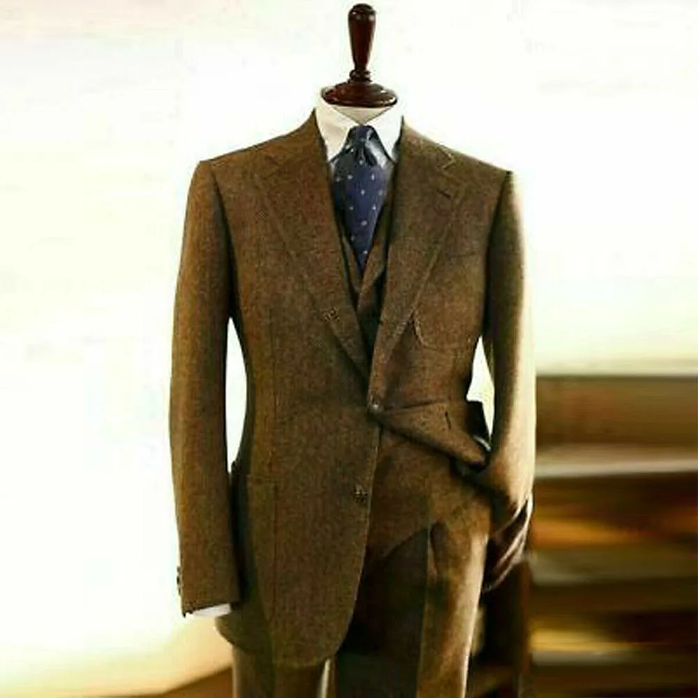 

Vintage Herringbone Suits Men Business Party Grooms Wedding Tuxedo Brown Tweed Wollen Blend Jacket+Waistcoat+Pants 3 Pieces 2022