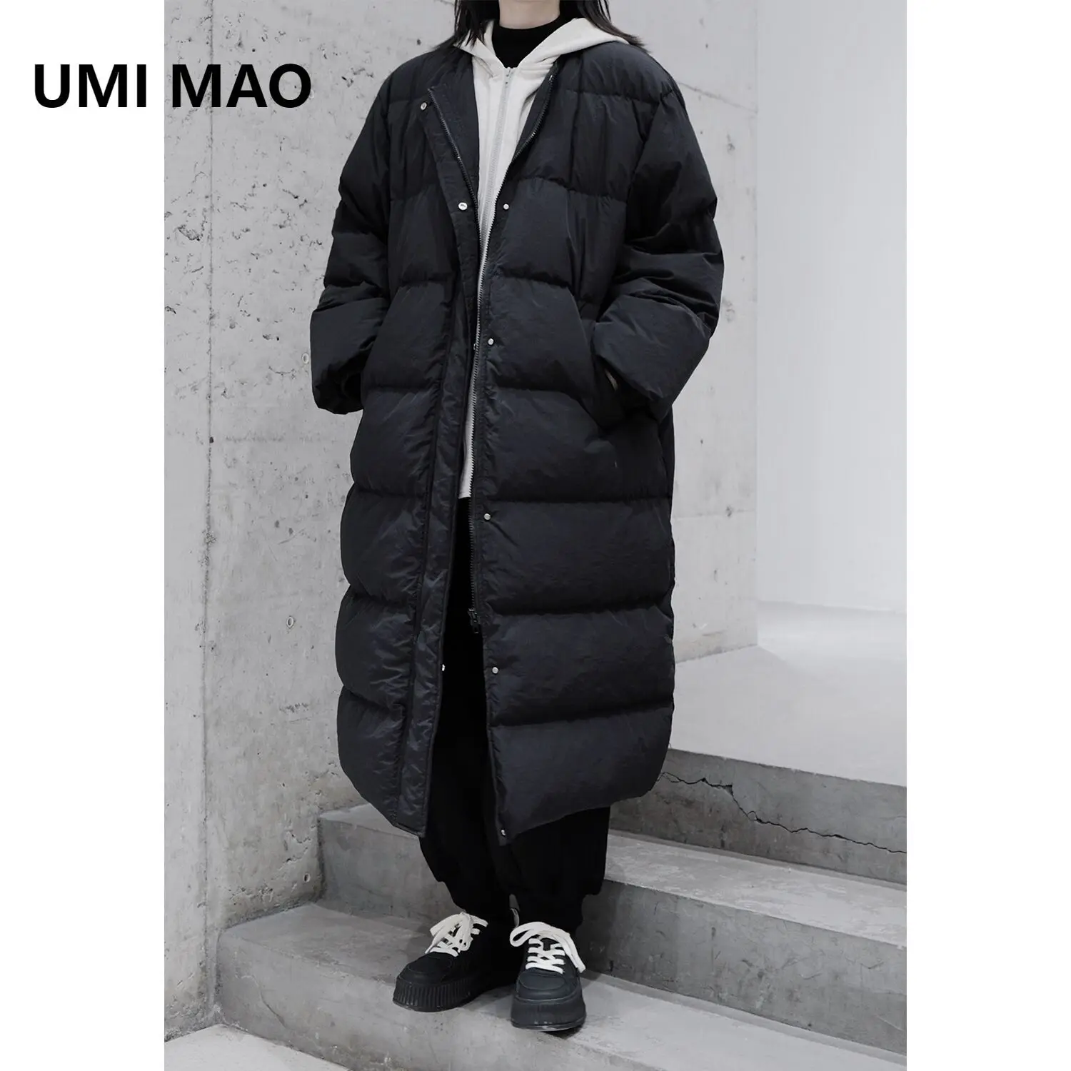 

UMI MAO Yamamoto Dark 90 White Duck Down Winter Jacket Fake Two Piece Hooded Quilt Down Coats Thick Warm Long Coat Femme