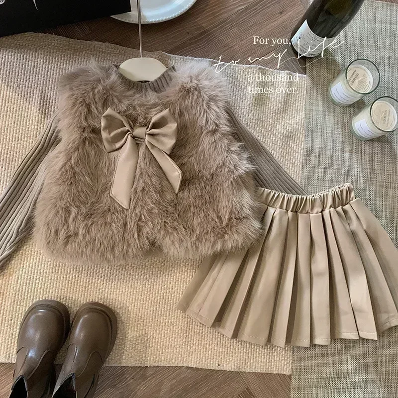 Kid Clothes Suit Korean Style The Girl Suit Autumn and Winter Children Fashion Fur Coat Coat Knitted Top Pleated Leather Skirt