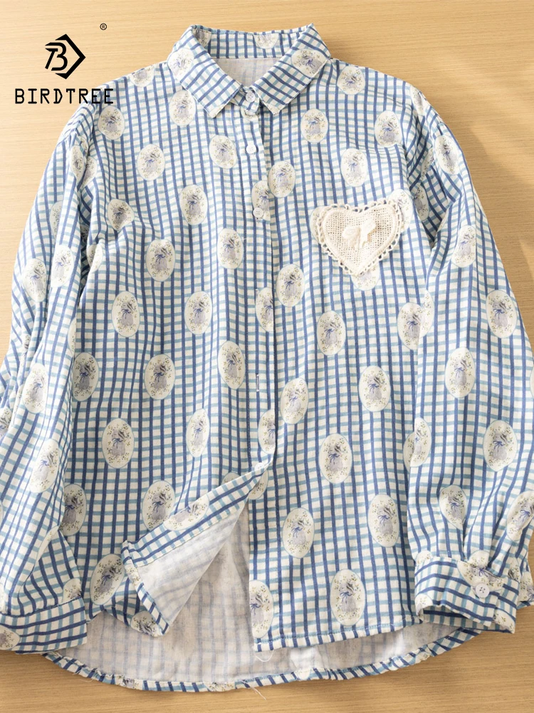 

Новая женская хлопковая рубашка с длинным рукавом Весна 2026, с отложным воротником, принтом и кружевом, в стиле Mori Girl, свободная блузка в стиле преппи T62819CC