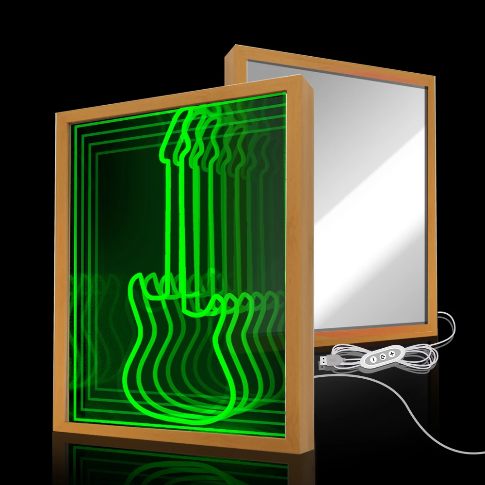 

Guitar Cat 3D Cat Tunnel Mirror Neon Light Solid Wood Image Frame USB Power Supply Suitable for Room Living Room Wall Artwork