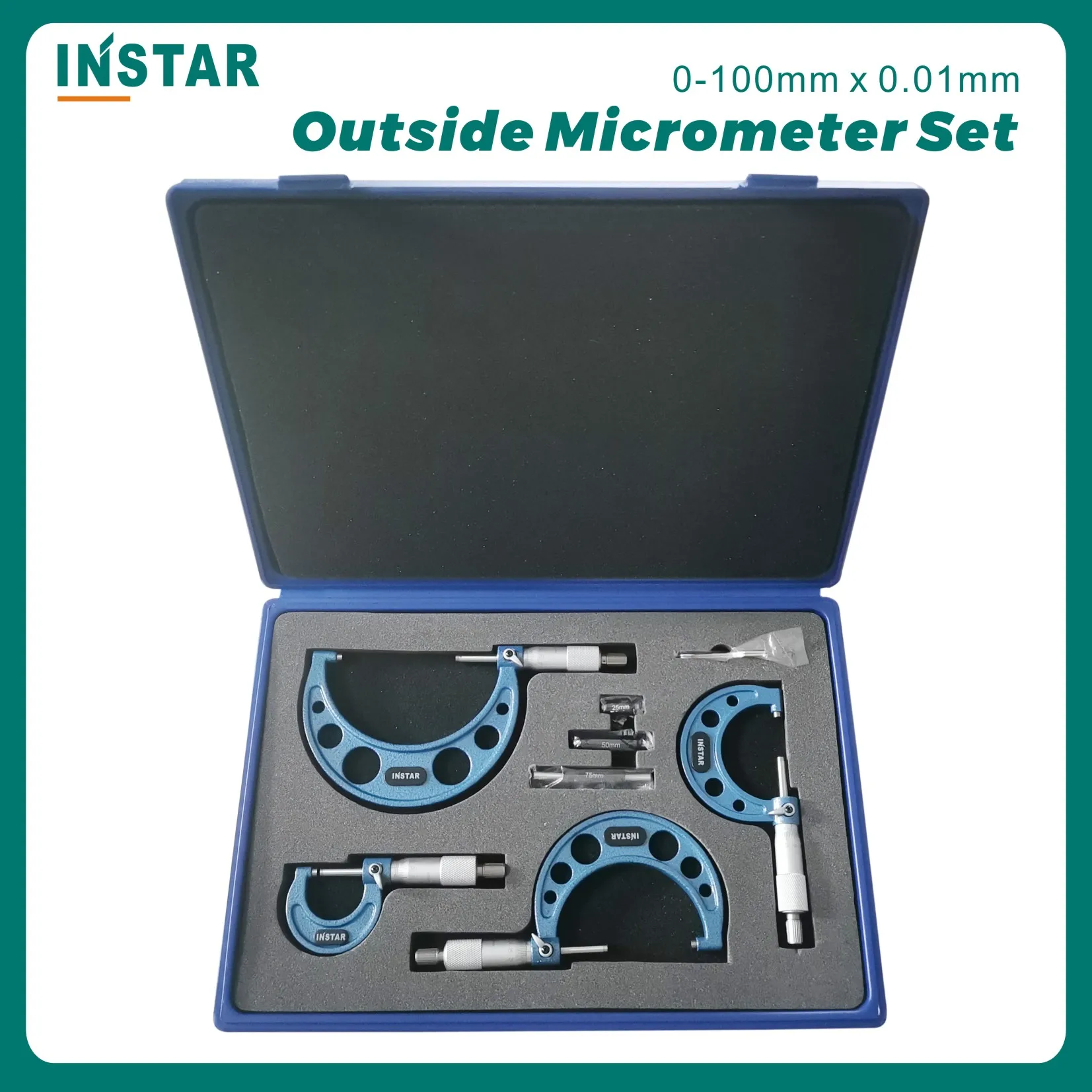 INSTAR 4PC Outside Micrometer Set 0-100mm x 0.01mm DIN Standard Industrial Quality Carbide Tips 25-50mm 50-75mm 75-100mm