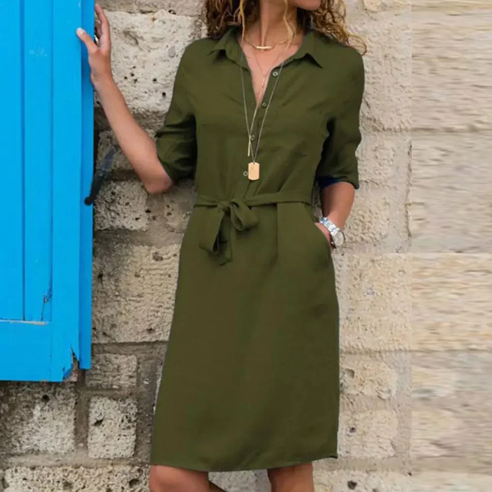 

2024 Shirt Dress, Women's Lapel Belt, Knee Length Dress, Casual Dress, Oversized Loose Fitting Dress