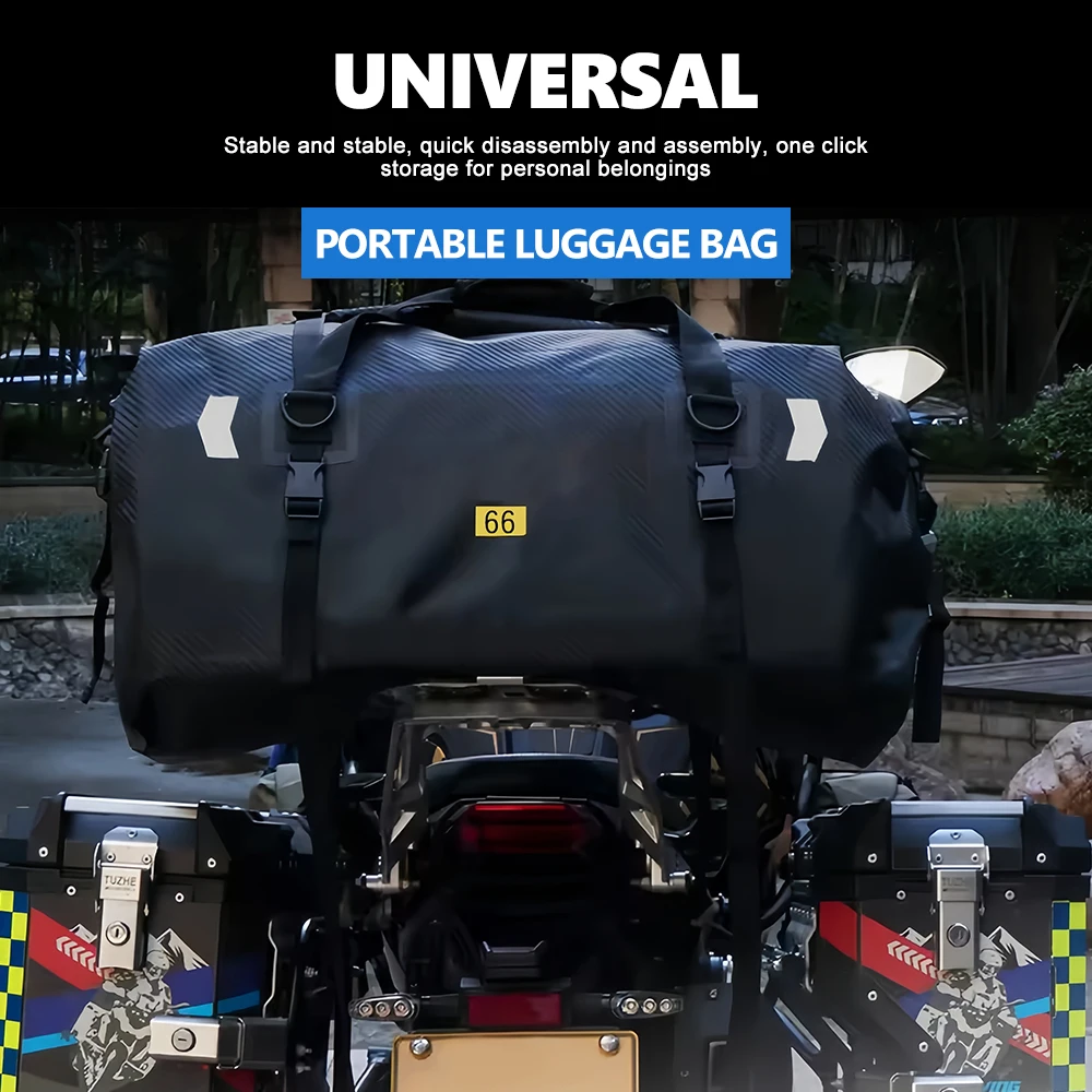 Motorcycle Rear Duffel Carbon‑Fiber Texture Wear‑Resistant Surface Expandable Strap Mount Adventure Rear Rack Bag Mod Parts
